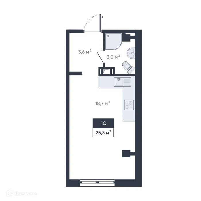 Планировка студии квартиры 25.3 м² в ЖК Ромашки, г. Мурино — фото 1