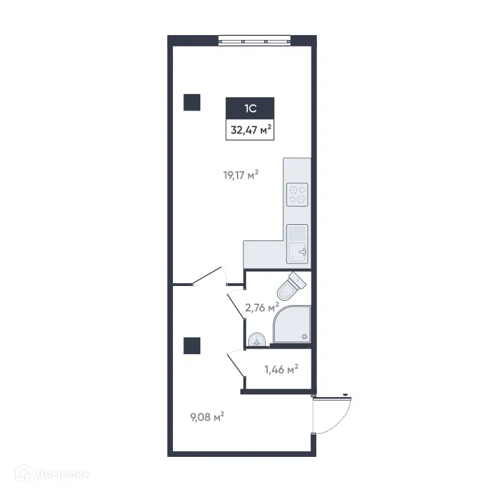 Планировка студии квартиры 32.47 м² в ЖК Ромашки, г. Мурино — фото 1