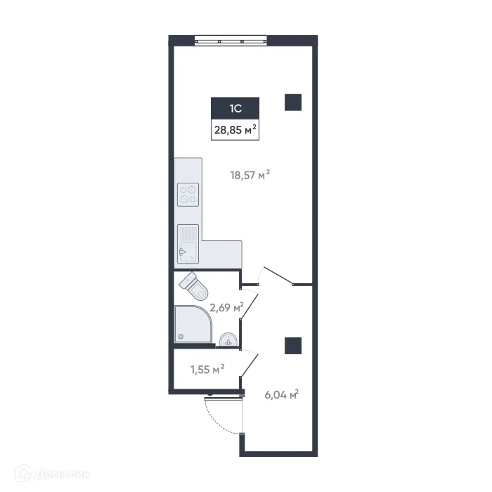 Планировка студии квартиры 28.85 м² в ЖК Ромашки, г. Мурино — фото 1
