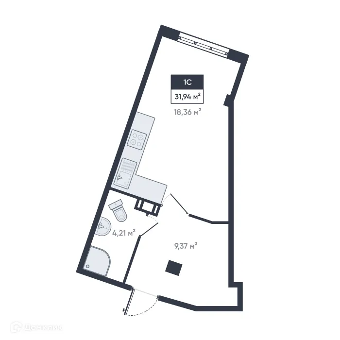 Планировка студии квартиры 31.94 м² в ЖК Ромашки, г. Мурино — фото 1
