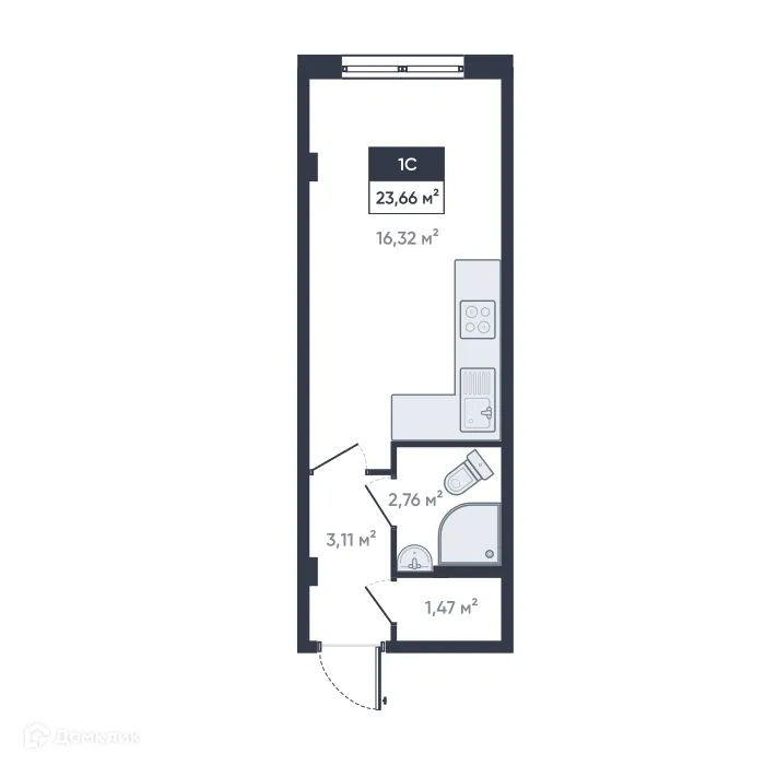Планировка студии квартиры 23.66 м² в ЖК Ромашки, г. Мурино — фото 1