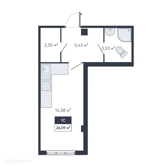 Планировка студии квартиры 26.09 м² в ЖК Ромашки, г. Мурино — фото 1