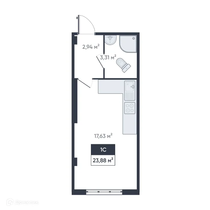 Планировка студии квартиры 23.88 м² в ЖК Ромашки, г. Мурино — фото 1