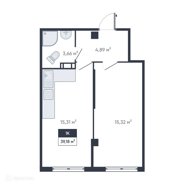 Планировка 1-комнатной квартиры 39.18 м² в ЖК Ромашки, г. Мурино — фото 1