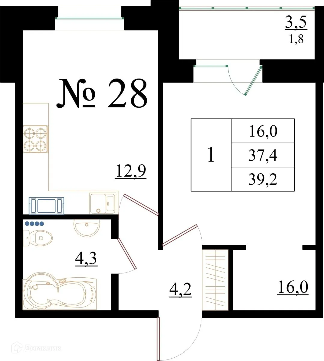 Планировка 1-комнатной квартиры 39.2 м² в ЖК Орловский бульвар, г. Гатчина — фото 1