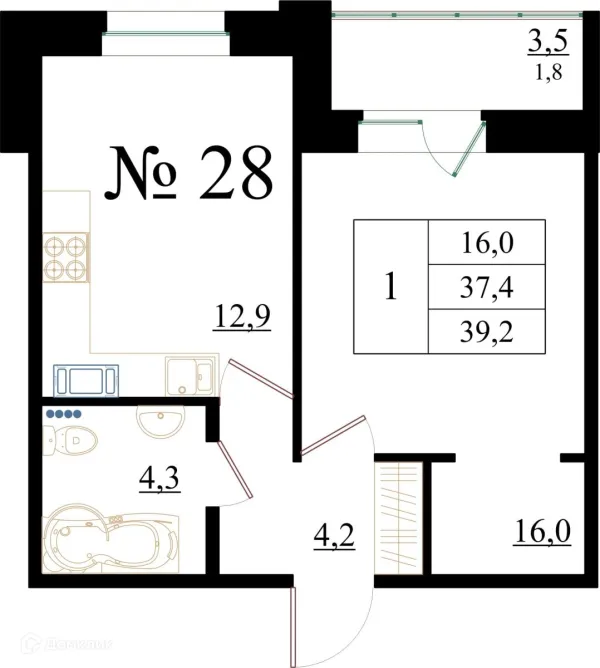 Планировка 1 комн. в ЖК Орловский бульвар