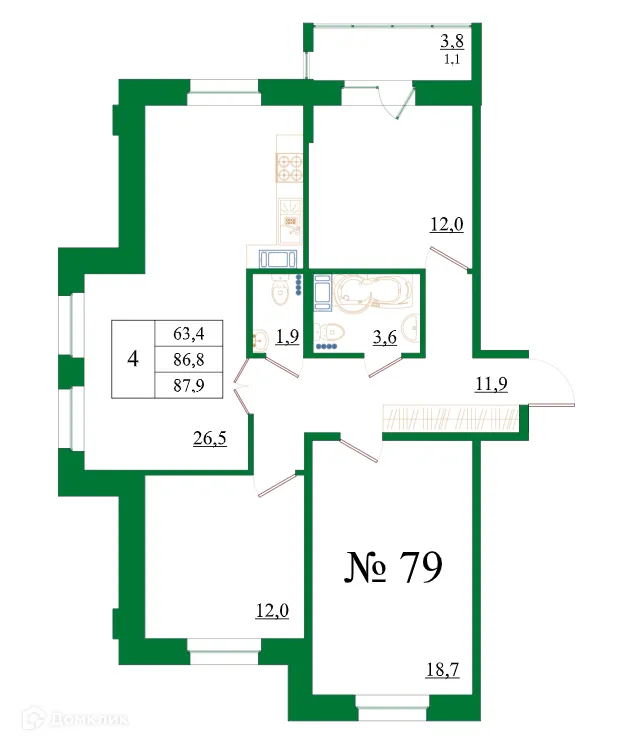 Планировка 4-комнатной квартиры 87.9 м² в ЖК Орловский бульвар, г. Гатчина — фото 1