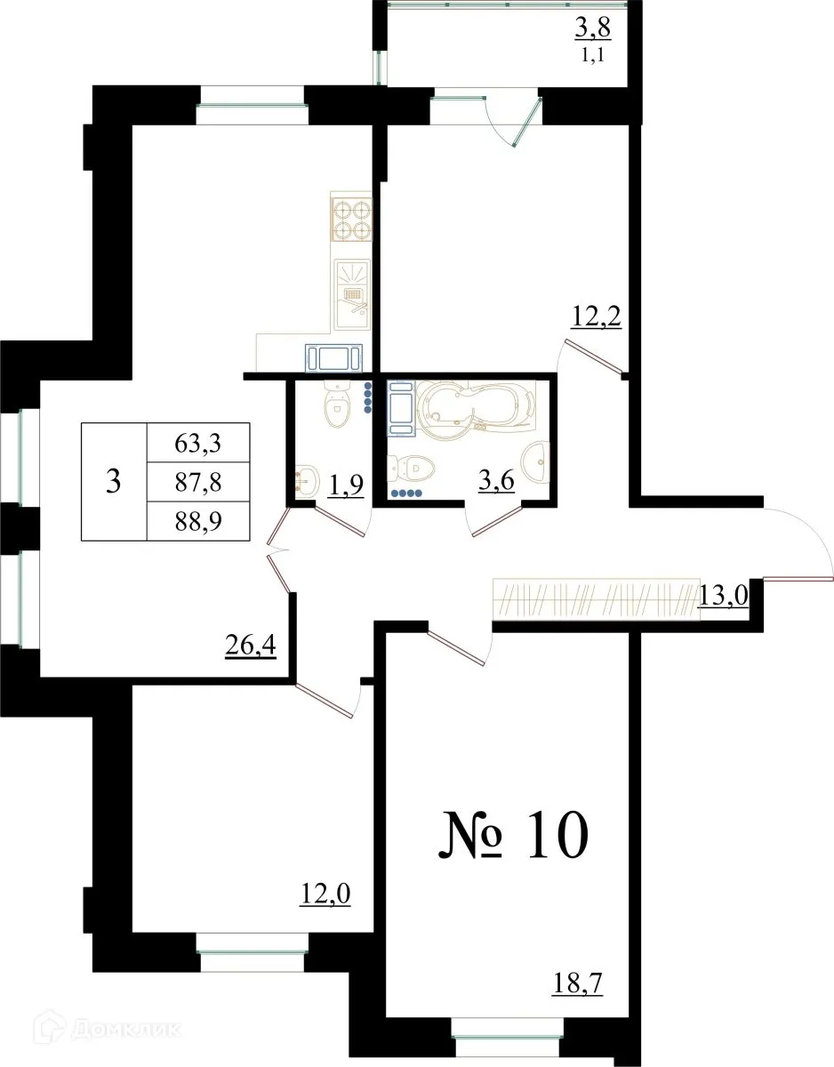 Планировка 3-комнатной квартиры 88.9 м² в ЖК Орловский бульвар, г. Гатчина — фото 1