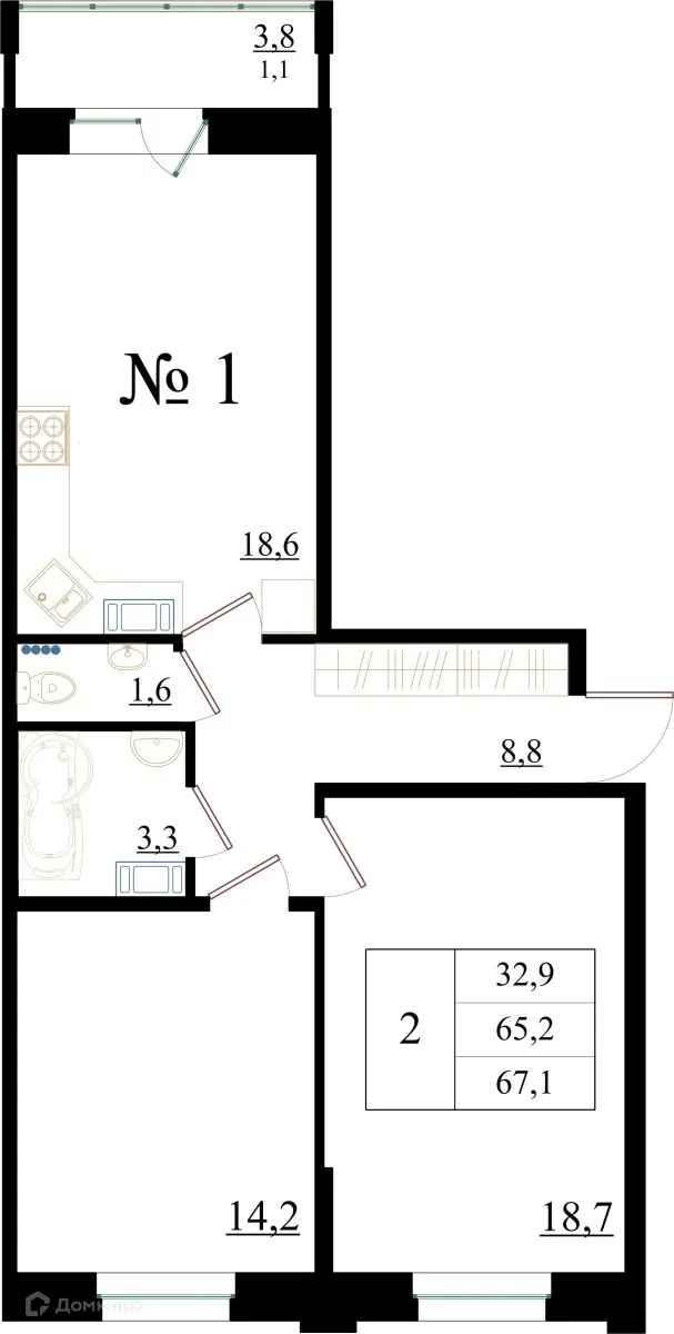 Планировка 2-комнатной квартиры 67.1 м² в ЖК Орловский бульвар, г. Гатчина — фото 1