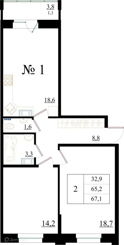 Планировка 2 комн. в ЖК Орловский бульвар