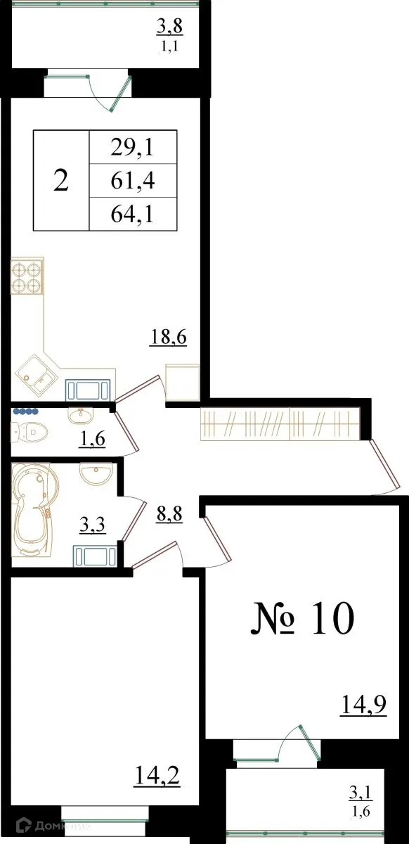 Планировка 2-комнатной квартиры 64.1 м² в ЖК Орловский бульвар, г. Гатчина — фото 1