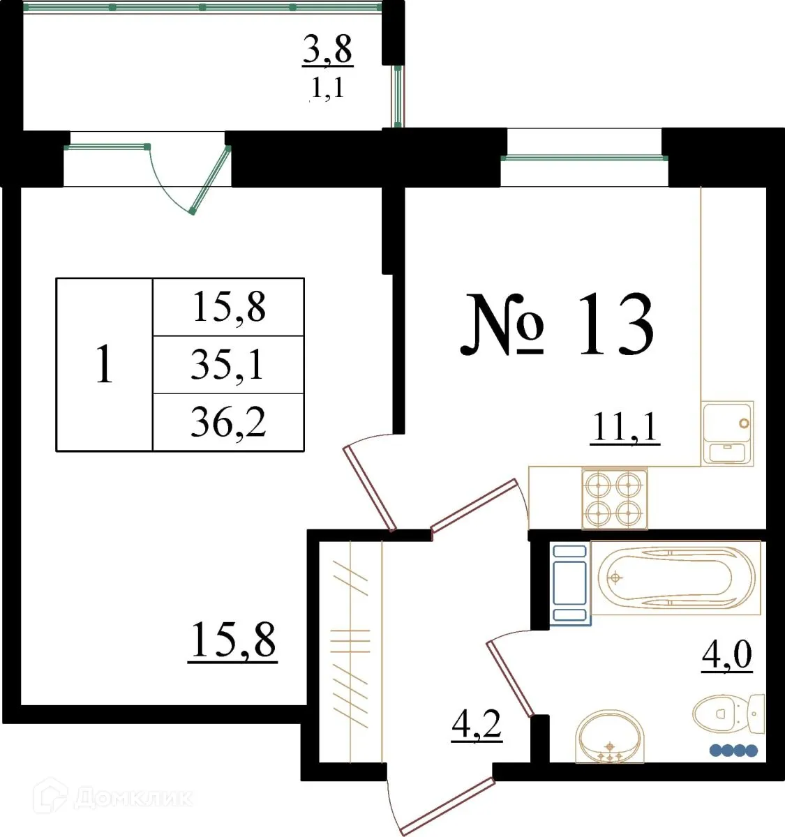 Планировка 1-комнатной квартиры 36.2 м² в ЖК Орловский бульвар, г. Гатчина — фото 1