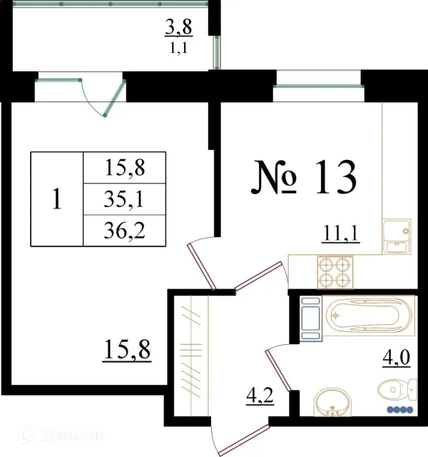 Планировка 1 комн. в ЖК Орловский бульвар