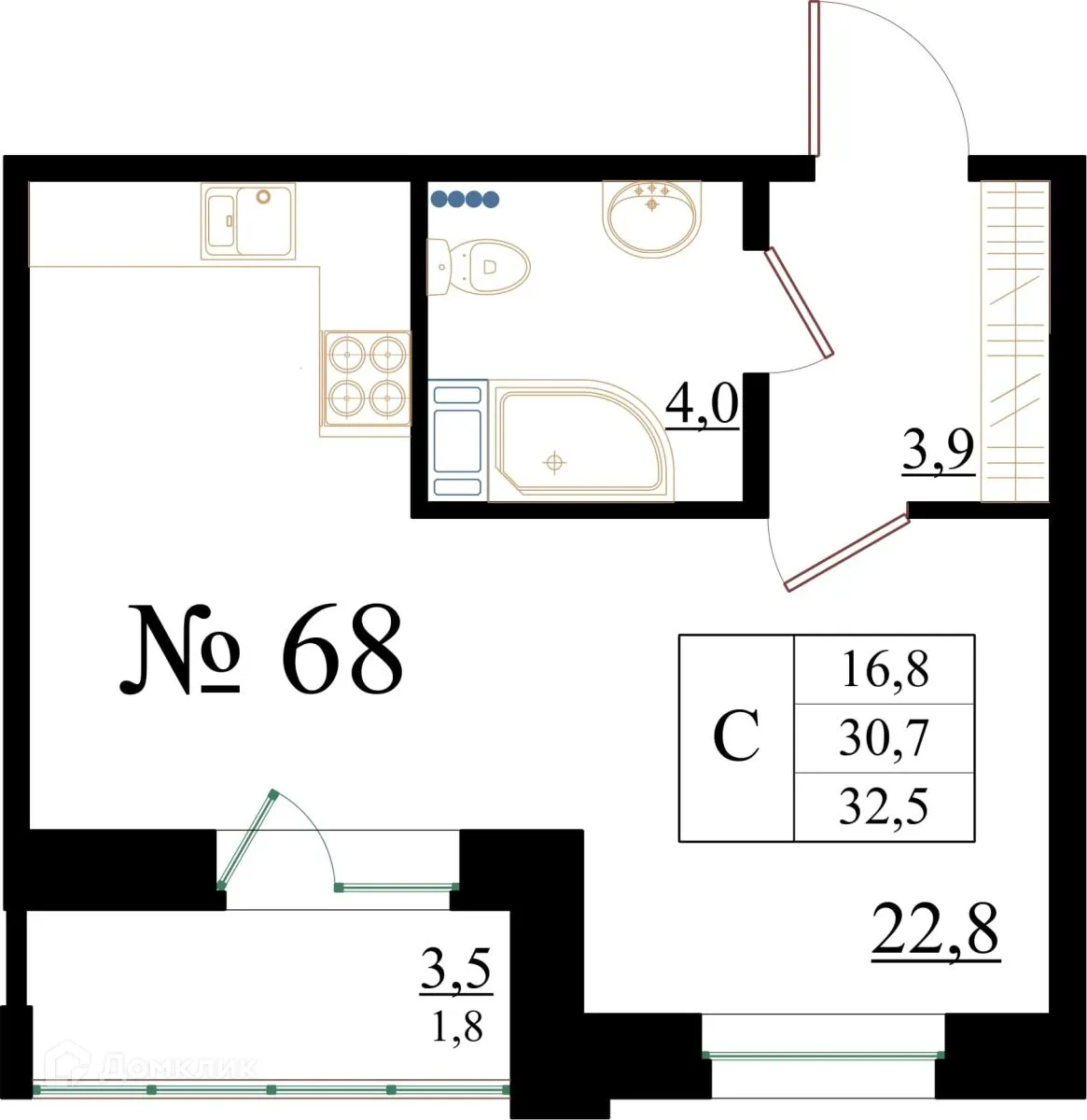 Планировка студии квартиры 32.5 м² в ЖК Орловский бульвар, г. Гатчина — фото 1