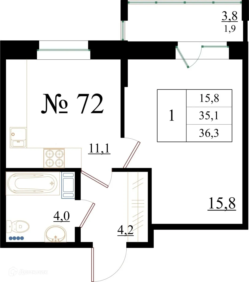 Планировка 1-комнатной квартиры 36.3 м² в ЖК Орловский бульвар, г. Гатчина — фото 1