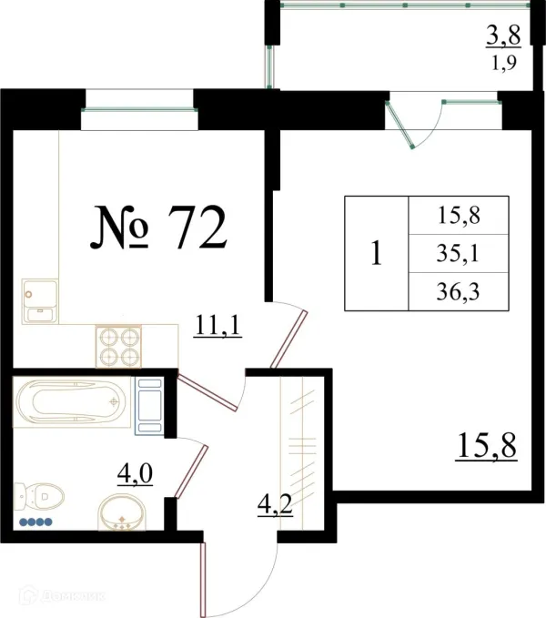 Планировка 1 комн. в ЖК Орловский бульвар