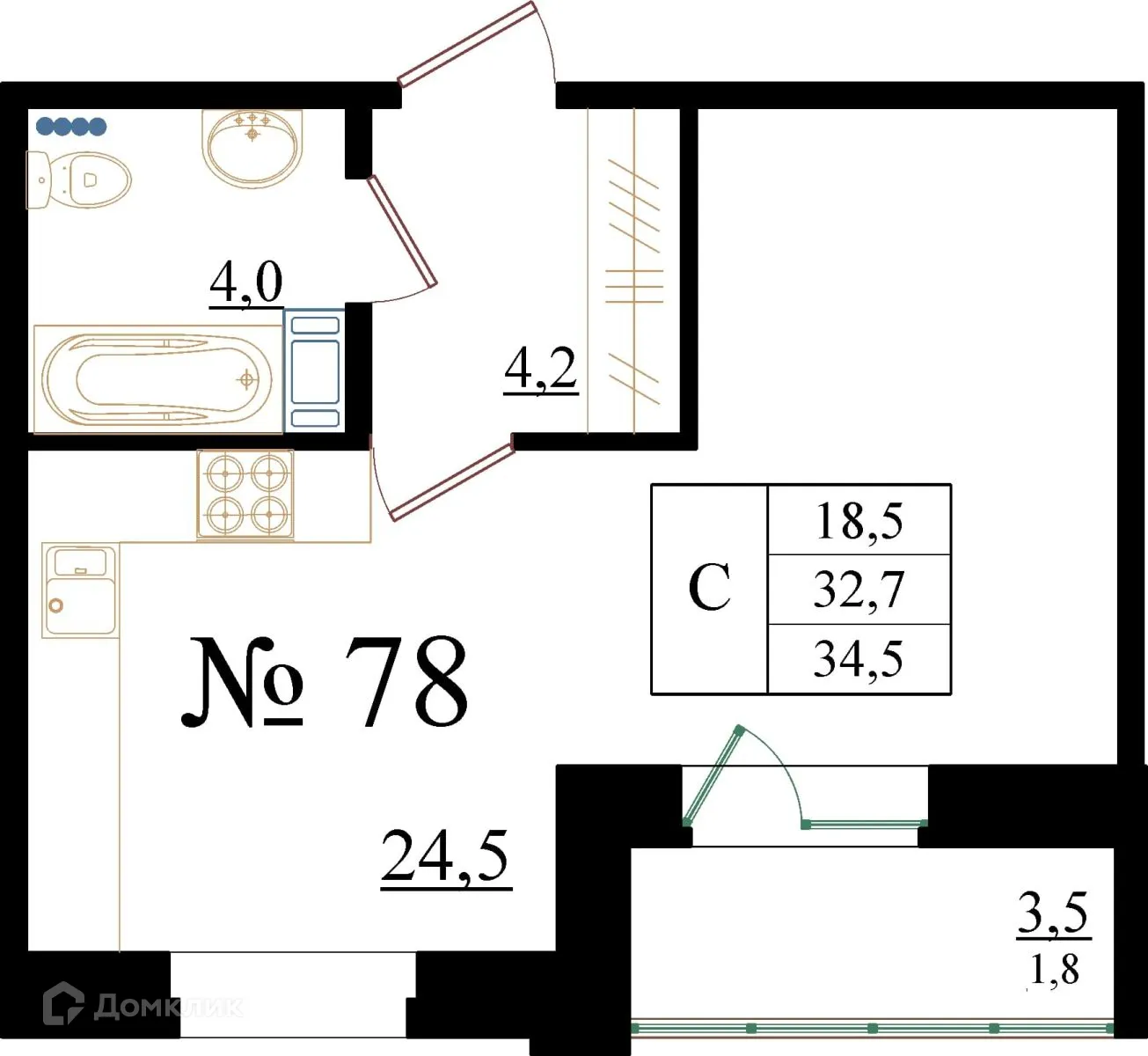 Планировка студии квартиры 34.5 м² в ЖК Орловский бульвар, г. Гатчина — фото 1