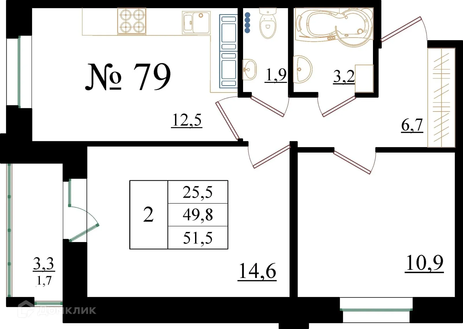 Планировка 2-комнатной квартиры 51.5 м² в ЖК Орловский бульвар, г. Гатчина — фото 1