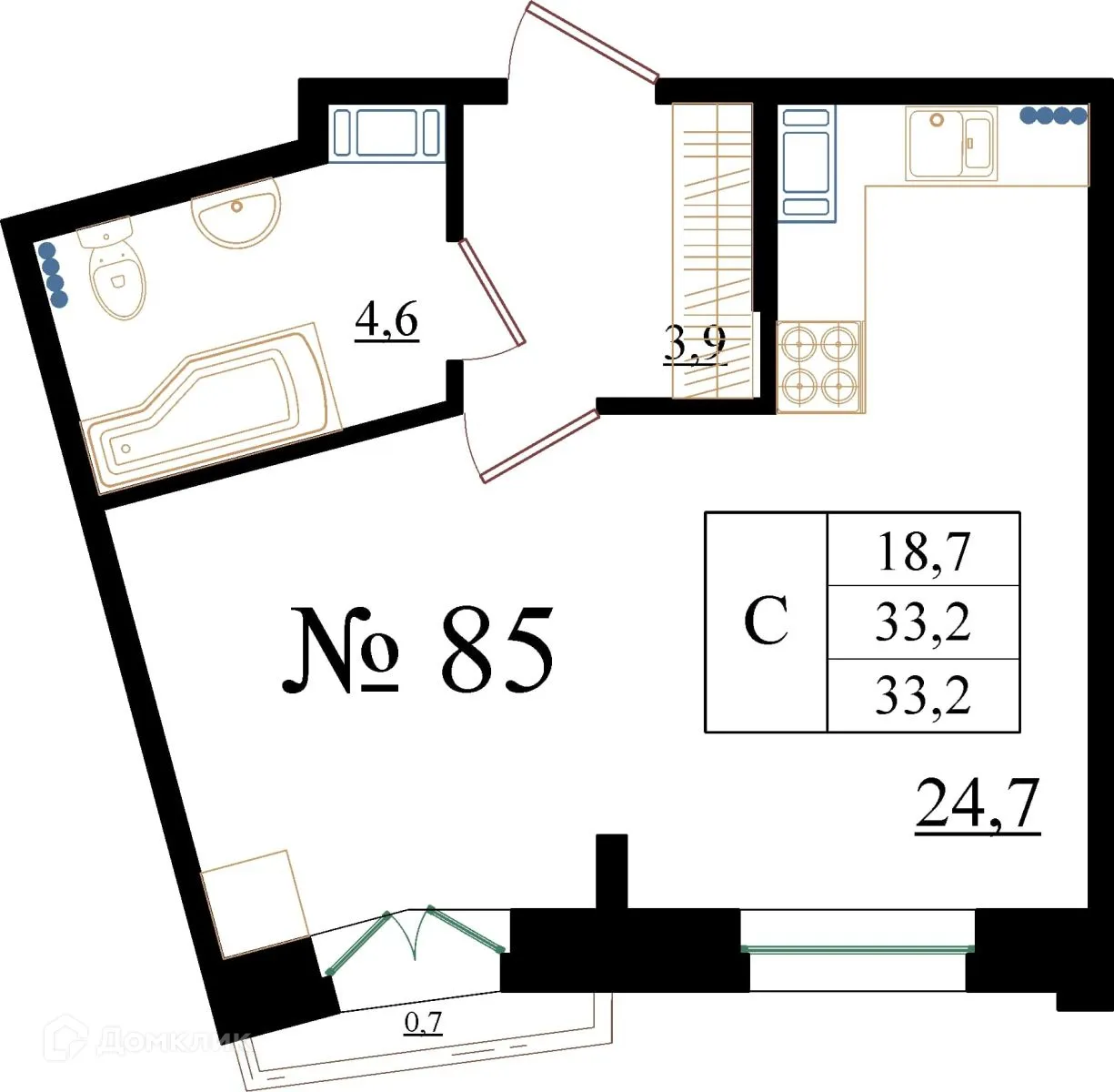Планировка студии квартиры 34.8 м² в ЖК Орловский бульвар, г. Гатчина — фото 1