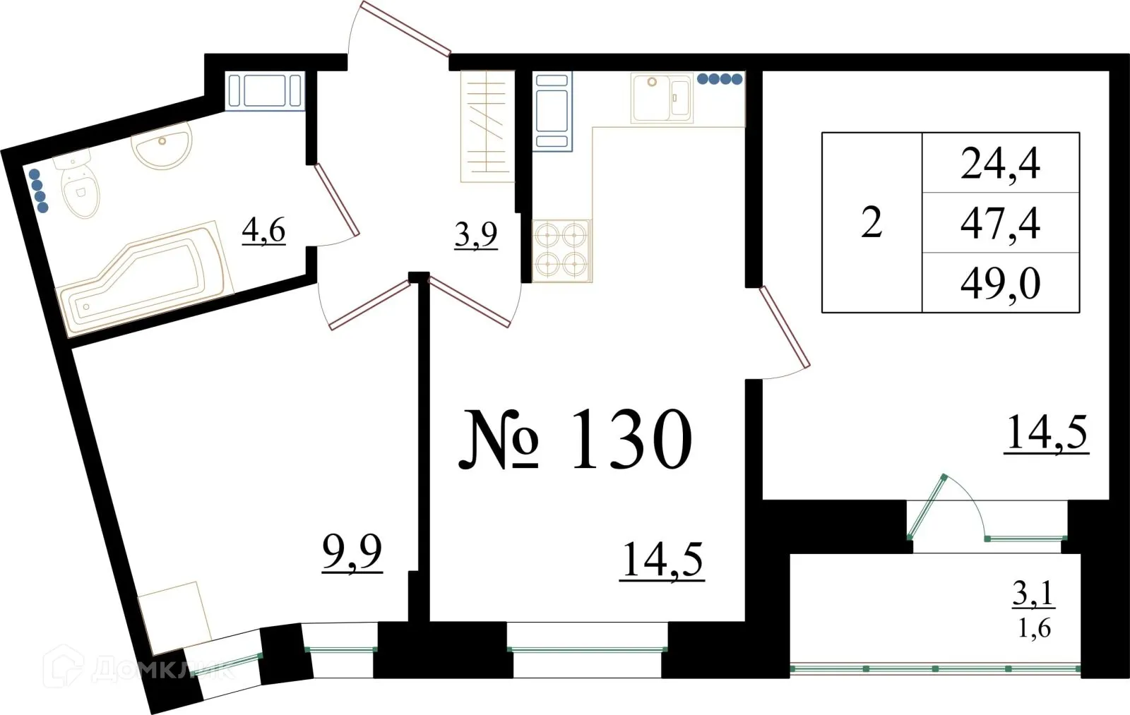 Планировка 2-комнатной квартиры 49 м² в ЖК Орловский бульвар, г. Гатчина — фото 1
