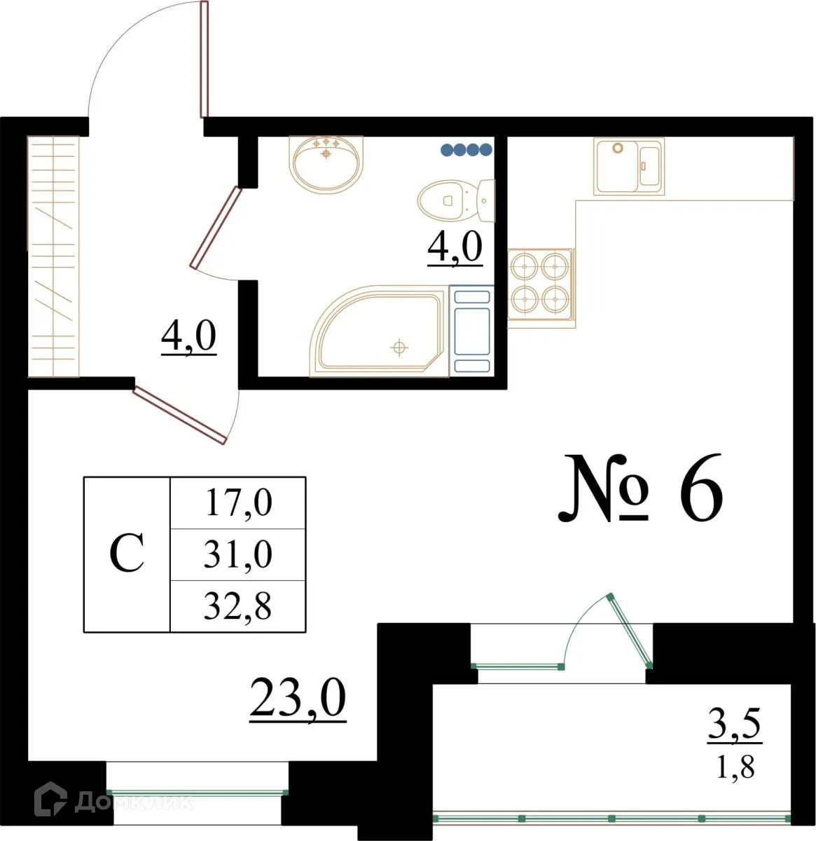 Планировка студии квартиры 32.8 м² в ЖК Орловский бульвар, г. Гатчина — фото 1