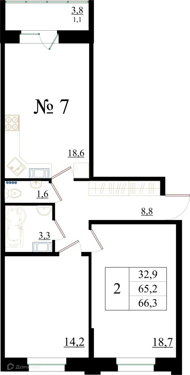 Планировка 2-комнатной квартиры 66.3 м² в ЖК Орловский бульвар, г. Гатчина — фото 1
