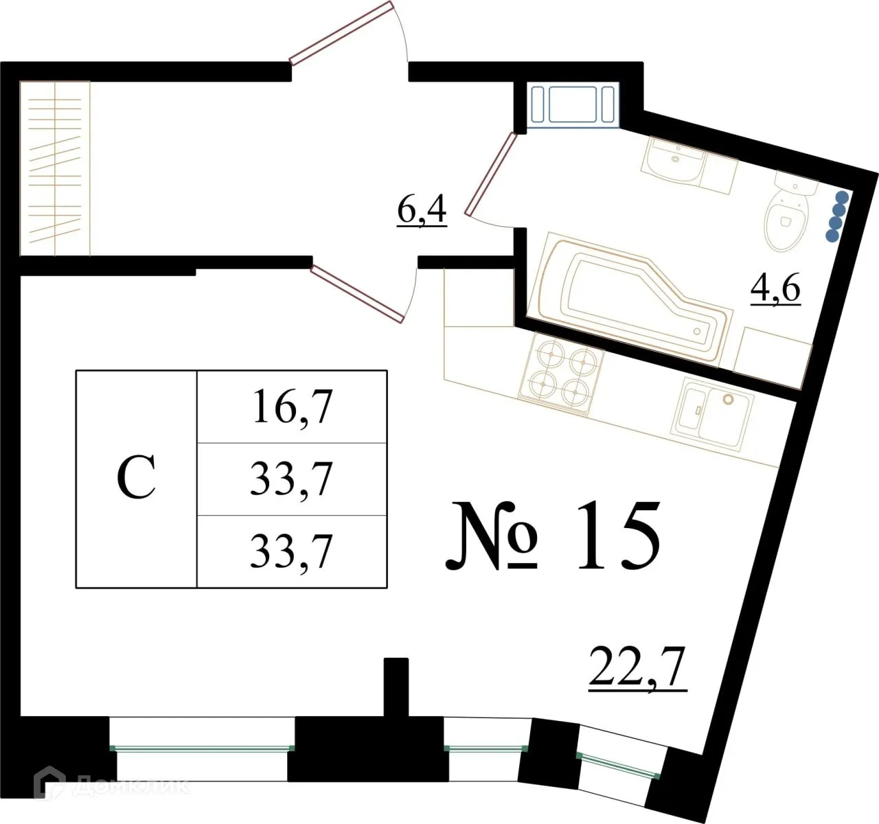 Планировка студии квартиры 33.7 м² в ЖК Орловский бульвар, г. Гатчина — фото 1