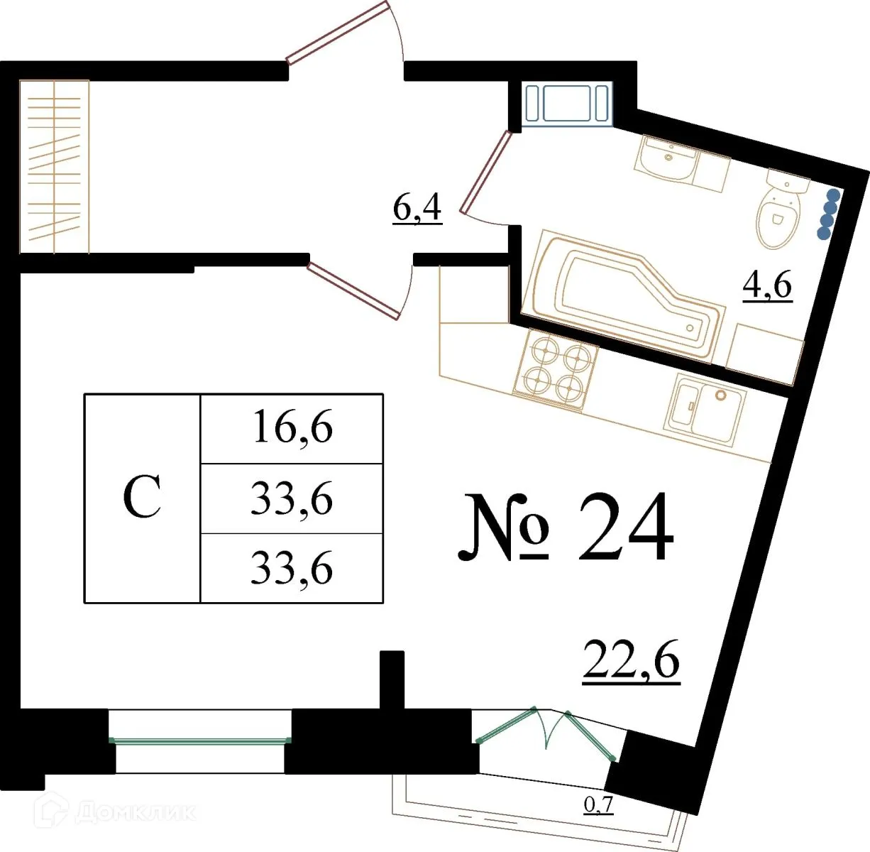 Планировка студии квартиры 33.6 м² в ЖК Орловский бульвар, г. Гатчина — фото 1