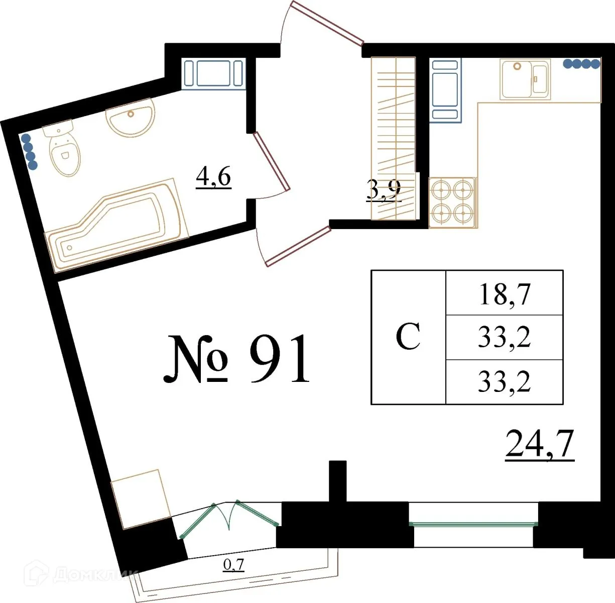 Планировка студии квартиры 33.2 м² в ЖК Орловский бульвар, г. Гатчина — фото 1