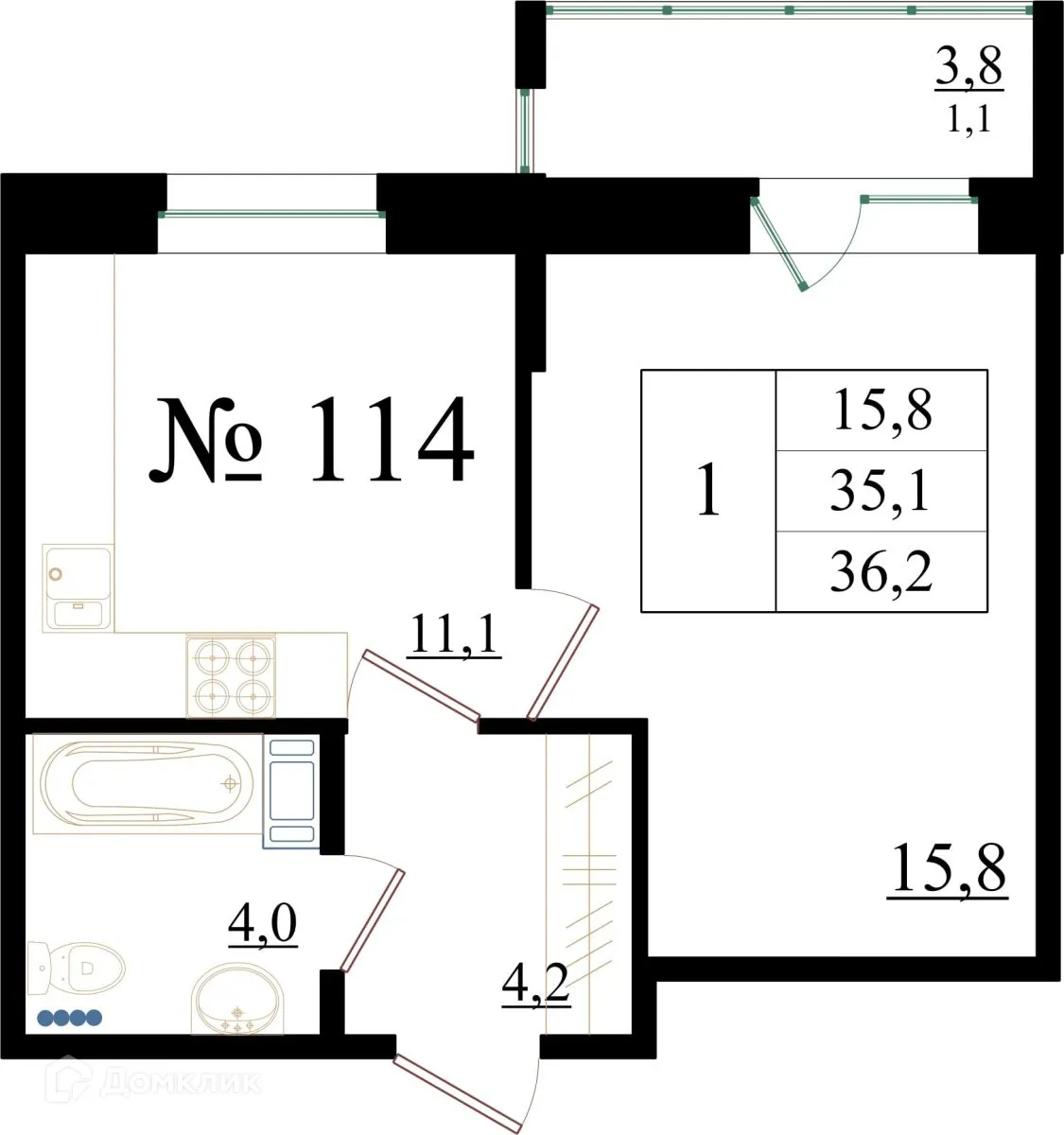 Планировка 1-комнатной квартиры 36.2 м² в ЖК Орловский бульвар, г. Гатчина — фото 1