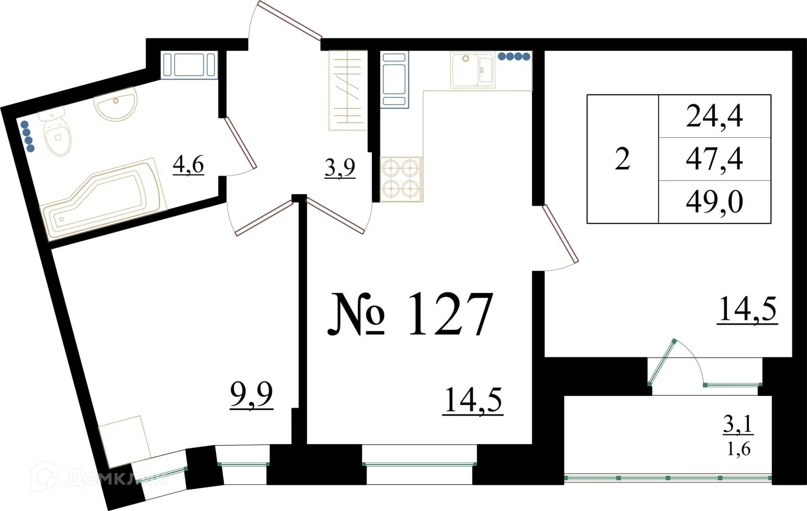 Планировка 2-комнатной квартиры 49 м² в ЖК Орловский бульвар, г. Гатчина — фото 1
