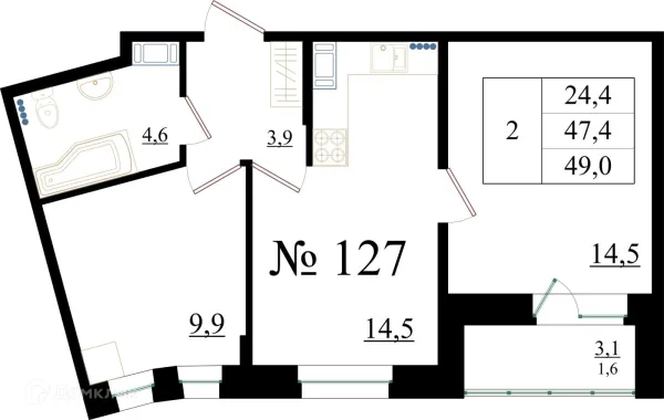 Планировка 2 комн. в ЖК Орловский бульвар