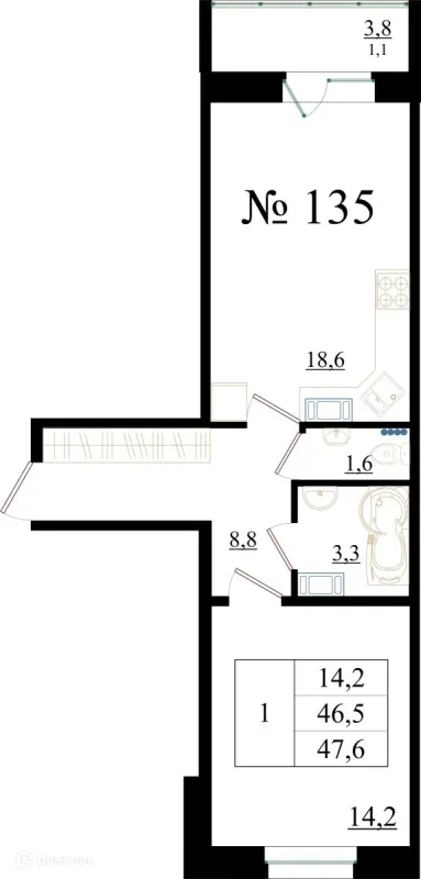 Планировка 1 комн. в ЖК Орловский бульвар