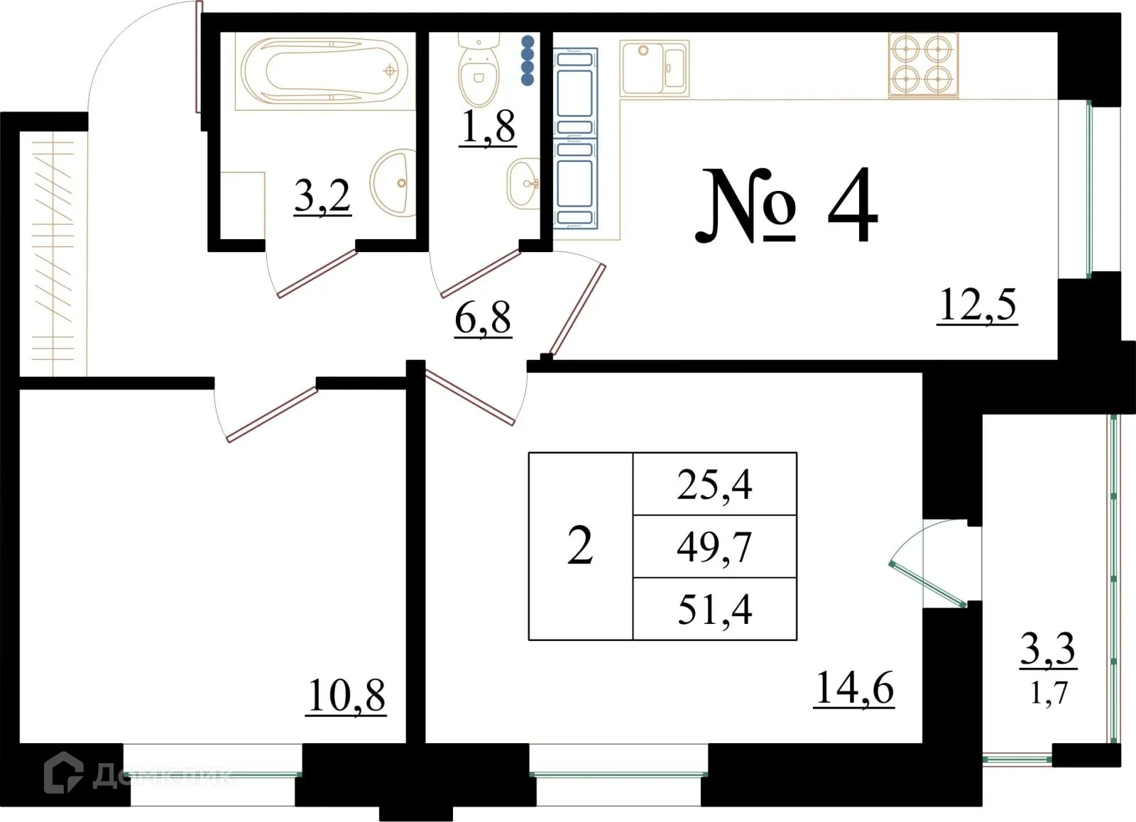 Планировка 2-комнатной квартиры 51.4 м² в ЖК Орловский бульвар, г. Гатчина — фото 1
