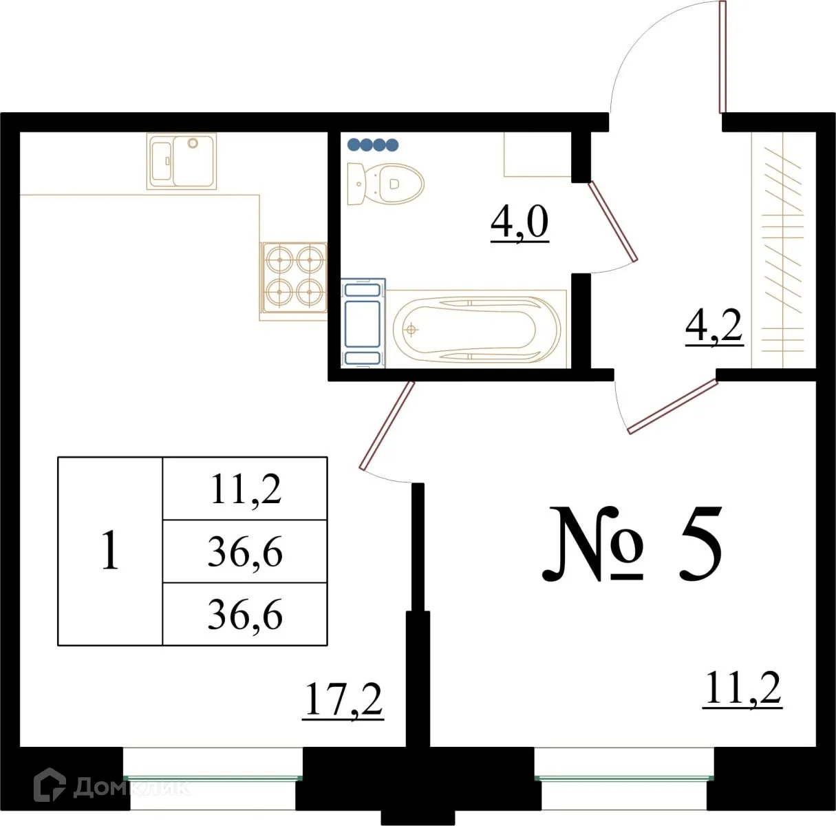 Планировка 1-комнатной квартиры 36.6 м² в ЖК Орловский бульвар, г. Гатчина — фото 1