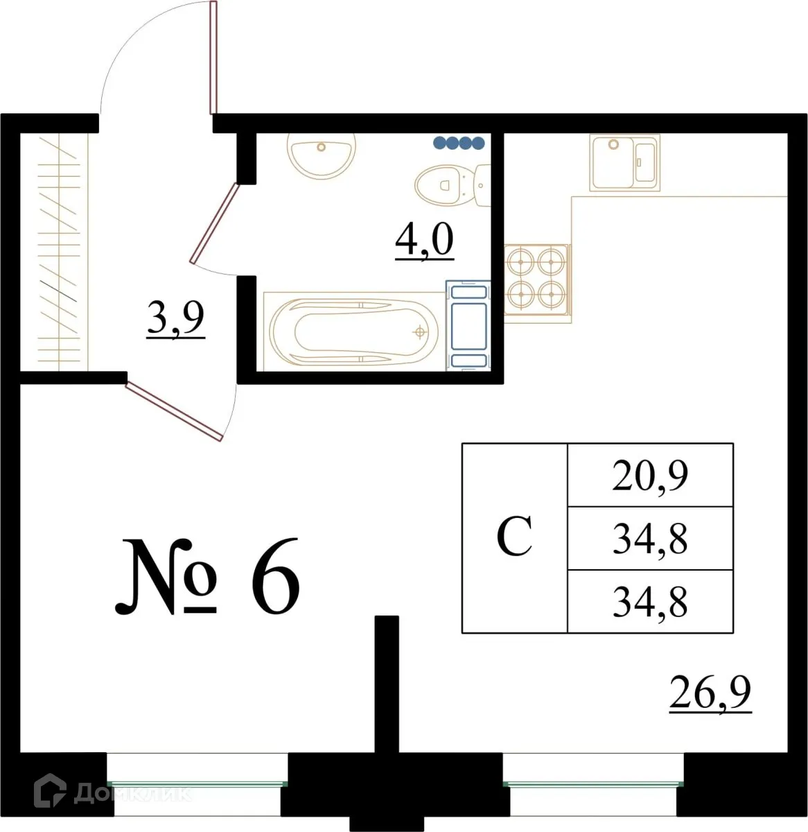 Планировка студии квартиры 34.8 м² в ЖК Орловский бульвар, г. Гатчина — фото 1