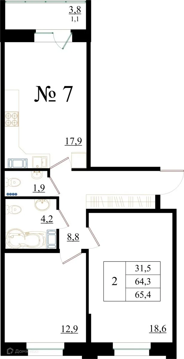 Планировка 2-комнатной квартиры 65.4 м² в ЖК Орловский бульвар, г. Гатчина — фото 1
