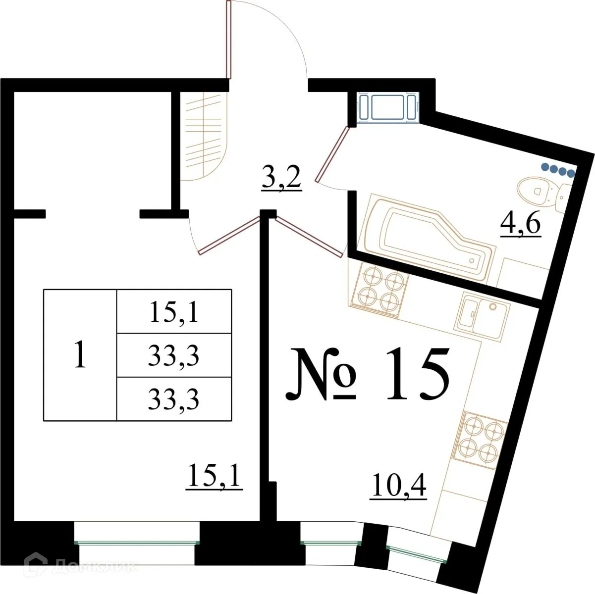 Планировка 1-комнатной квартиры 33.3 м² в ЖК Орловский бульвар, г. Гатчина — фото 1