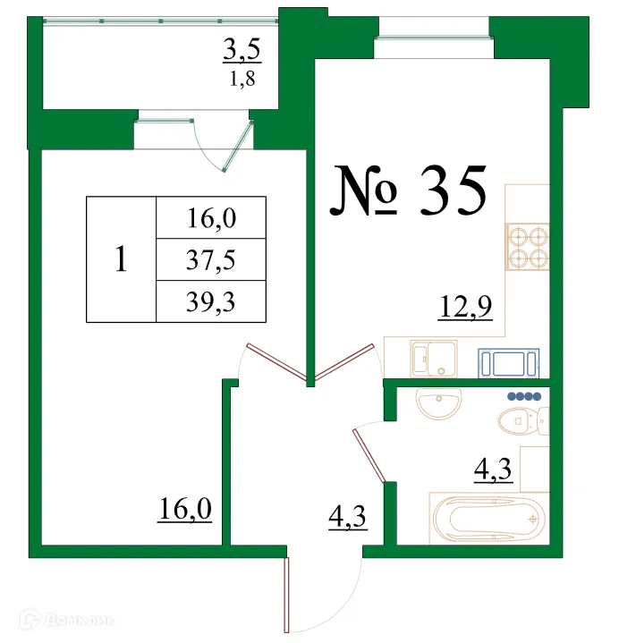 Планировка 1-комнатной квартиры 39.3 м² в ЖК Орловский бульвар, г. Гатчина — фото 1