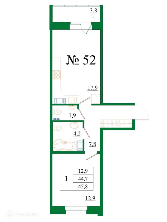 Планировка 1-комнатной квартиры 45.8 м² в ЖК Орловский бульвар, г. Гатчина — фото 1