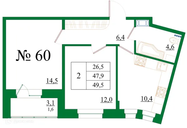 Планировка 2 комн. в ЖК Орловский бульвар