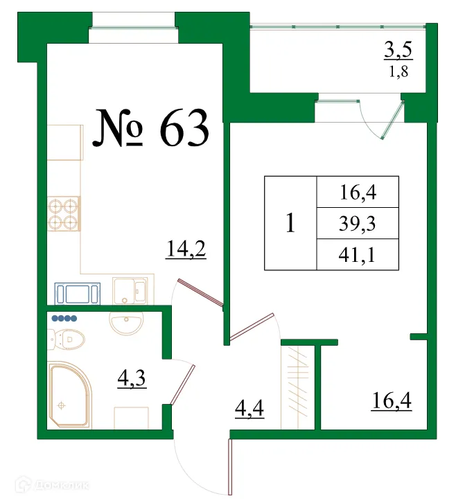 Планировка 1-комнатной квартиры 41.1 м² в ЖК Орловский бульвар, г. Гатчина — фото 1