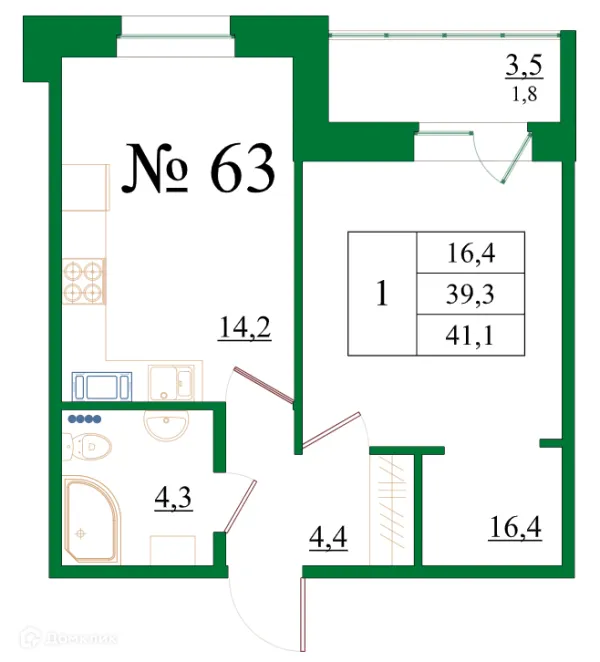 Планировка 1 комн. в ЖК Орловский бульвар