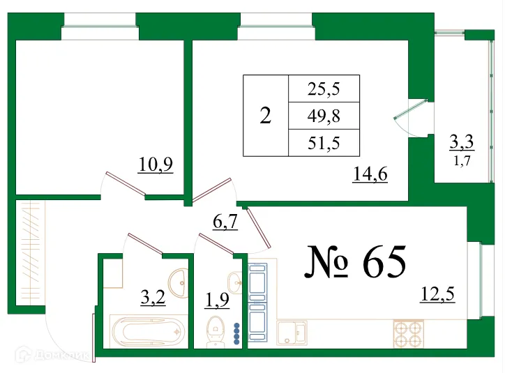 Планировка 2-комнатной квартиры 51.5 м² в ЖК Орловский бульвар, г. Гатчина — фото 1