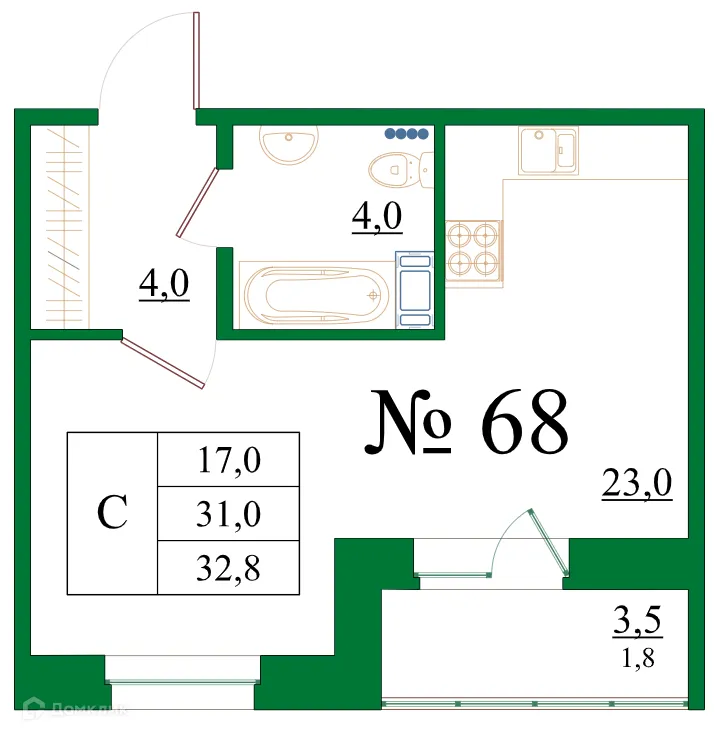 Планировка студии квартиры 32.8 м² в ЖК Орловский бульвар, г. Гатчина — фото 1