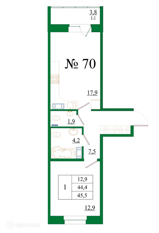 Планировка 1-комнатной квартиры 45.5 м² в ЖК Орловский бульвар, г. Гатчина — фото 1
