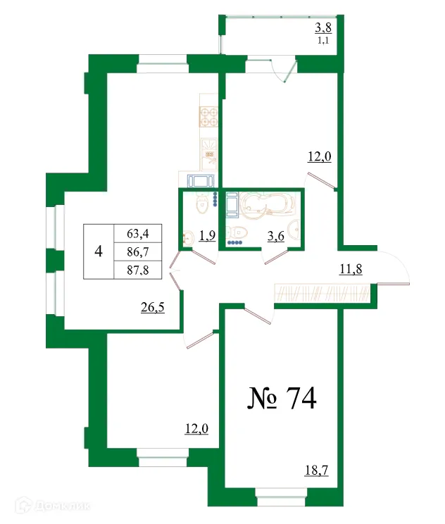 Планировка 4-комнатной квартиры 87.8 м² в ЖК Орловский бульвар, г. Гатчина — фото 1