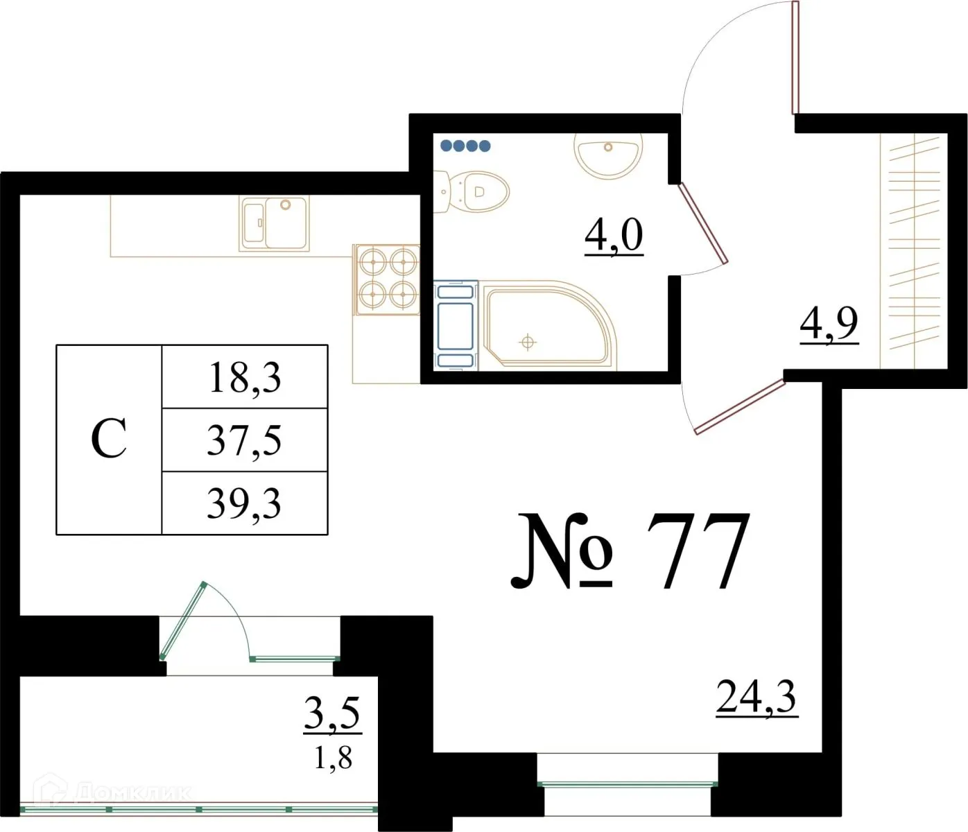 Планировка студии квартиры 35 м² в ЖК Орловский бульвар, г. Гатчина — фото 1
