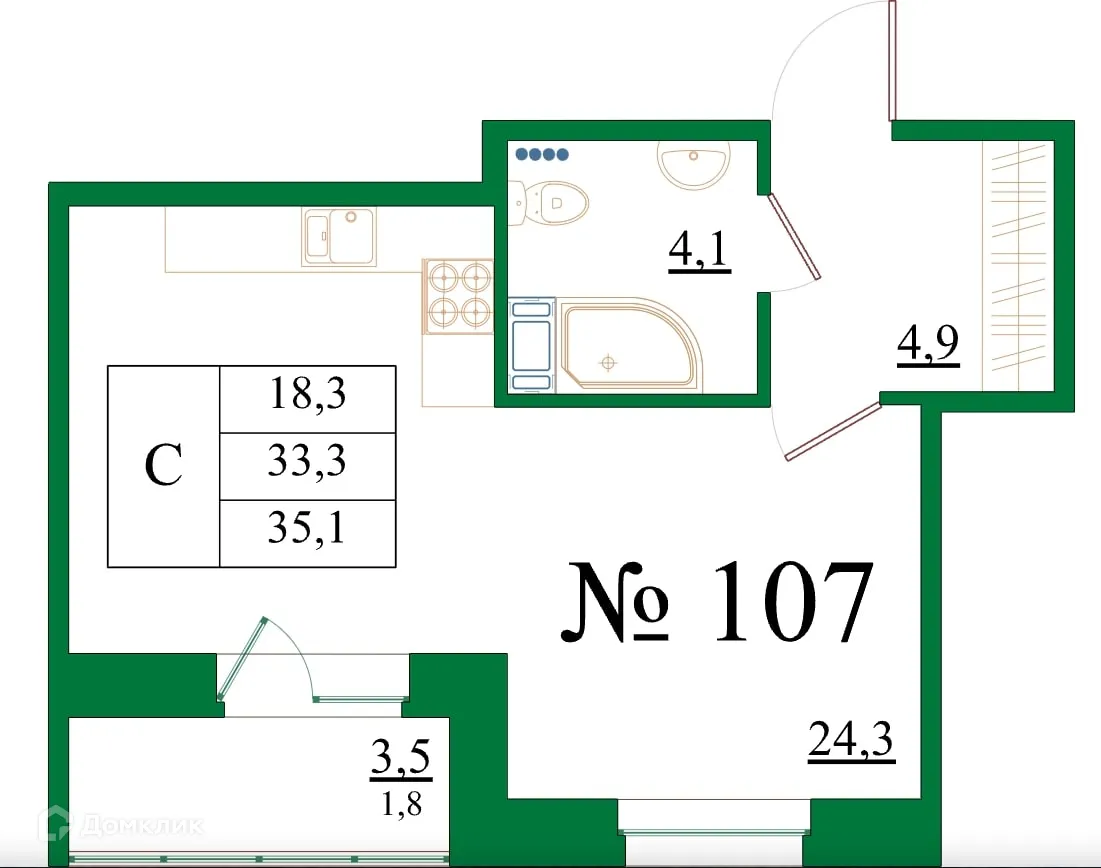 Планировка студии квартиры 35.1 м² в ЖК Орловский бульвар, г. Гатчина — фото 1