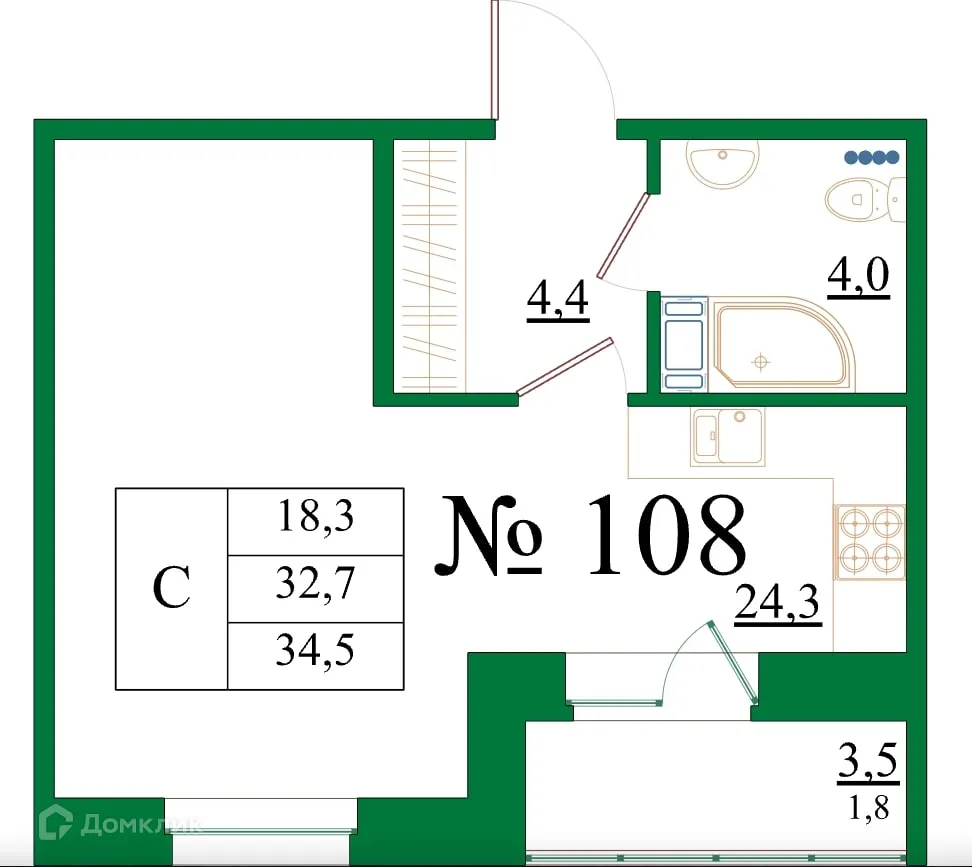 Планировка студии квартиры 34.5 м² в ЖК Орловский бульвар, г. Гатчина — фото 1